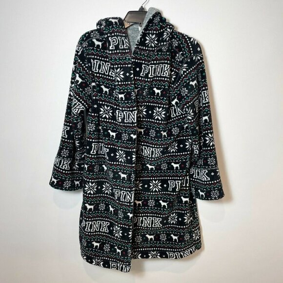 PINK Victoria's Secret Other - Victoria's Secret PINK Reversible Robe Black XS Hooded Plush Fair Isle Fleece